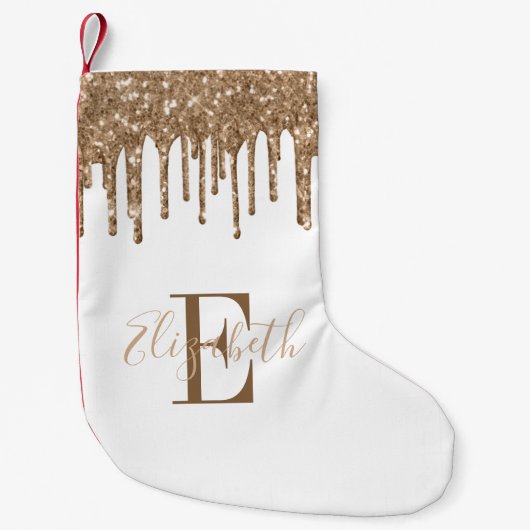Monogram Gouden Glitter Drips Wit Kleine Kerstsok (Voorkant)