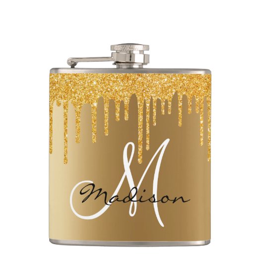 Monogram Gouden Glitter Druppelt Girly Heupfles (Voorkant)