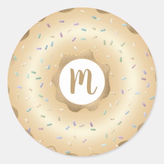Monogram gouden glitter fonkelende donut sprinkles ronde sticker (Voorkant)
