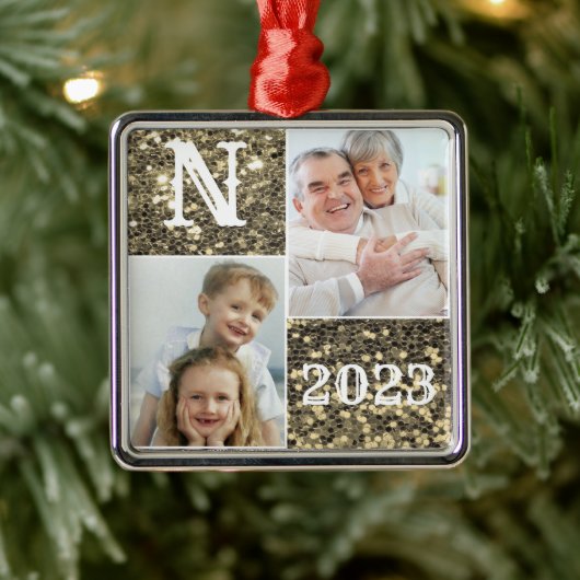 Monogram Gouden Glitter Foto Kerst Vakantie Metalen Ornament (Boom)