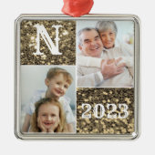 Monogram Gouden Glitter Foto Kerst Vakantie Metalen Ornament (Voorkant)