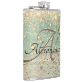 Monogram Gouden Glitter Sterren op Groene jute Heupfles (Rechts)