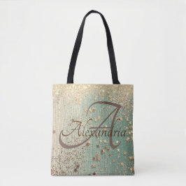 Monogram Gouden Glitter Sterren op Groene jute Tote Bag