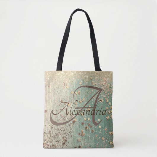 Monogram Gouden Glitter Sterren op Groene jute Tote Bag (Voorkant)