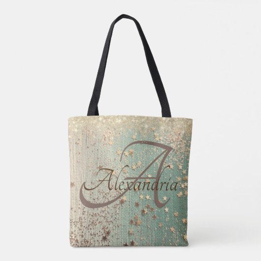 Monogram Gouden Glitter Sterren op Groene jute Tote Bag (Achterkant)