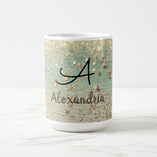 Monogram Gouden Glitter Sterren op Zee Groen Magische Mok (Midden)