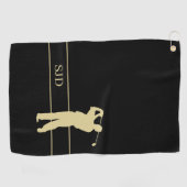 Monogram Gouden Golfer op Zwart Golfhanddoek (Horizontaal)