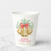 Monogram gouden klokken rode boog kerstfeest papieren bekers (Voorkant)