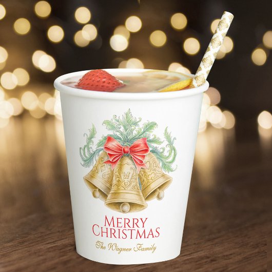Monogram gouden klokken rode boog kerstfeest papieren bekers