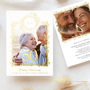 Monogram Gouden Krans 50ste Huwelijksjubileum Folie Uitnodiging