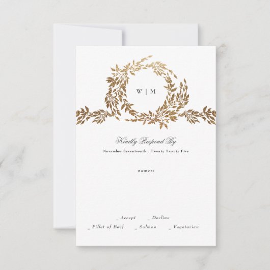 Monogram | Gouden krans Classic Elegant Bruiloft RSVP Kaartje (Voorkant)