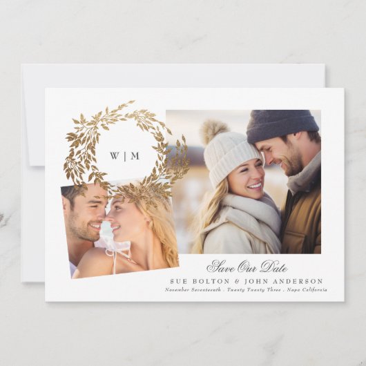 Monogram Gouden Krans Collage Foto Bruiloft Save The Date (Voorkant)