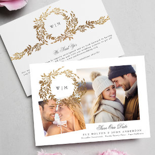Monogram Gouden Krans Collage Foto Bruiloft Save The Date