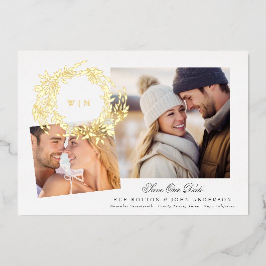 Monogram Gouden Krans Collage Foto Opslaan De Datu Folie Uitnodiging (Voorkant)