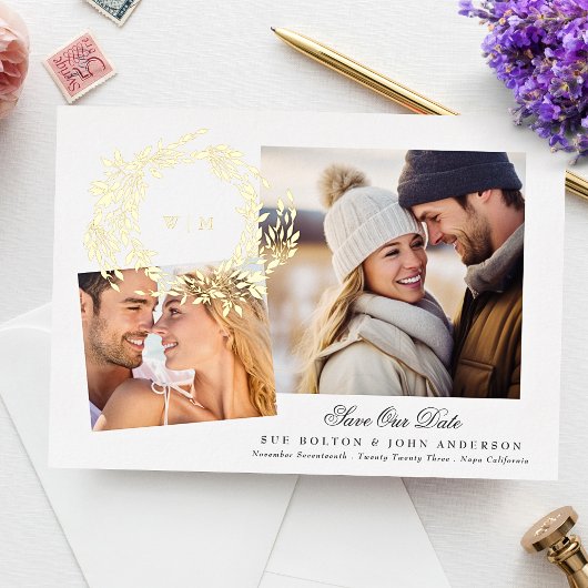 Monogram Gouden Krans Collage Foto Save The Date Folie Uitnodiging