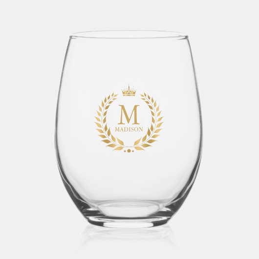Monogram Gouden Kroon Laurel krans Wijnglas Zonder Voet (Voorkant)