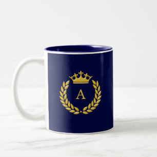 Monogram & gouden kroonplaat & Laurel op Navy Blue Tweekleurige Koffiemok