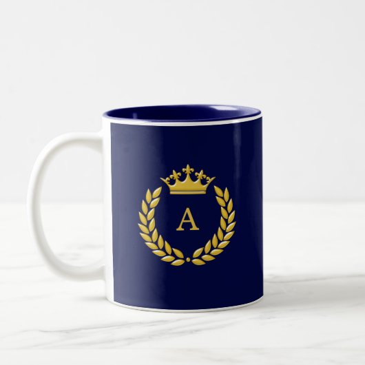 Monogram & gouden kroonplaat & Laurel op Navy Blue Tweekleurige Koffiemok (Links)