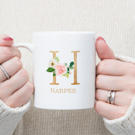 Monogram Gouden Letter H | Bloemrijk Roze Wit Groe Koffiemok