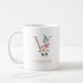 Monogram gouden letter V | Bloemen roze wit groen Koffiemok (Links)