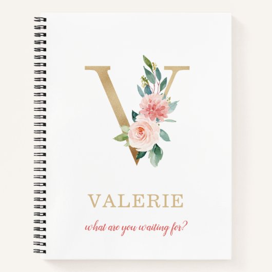 Monogram gouden letter V | Bloemmotto of offerte Notitieboek (Voorkant)