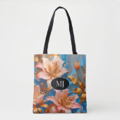 Monogram Gouden Roze Lelie Op Hemelsblauw Zijde Ca Tote Bag (Voorkant)