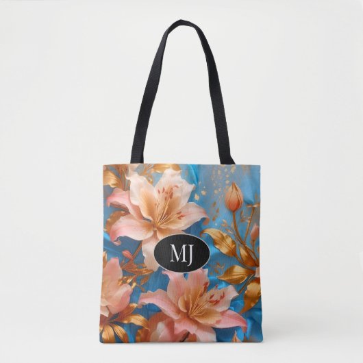Monogram Gouden Roze Lelie Op Hemelsblauw Zijde Ca Tote Bag (Voorkant)