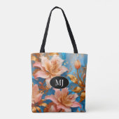 Monogram Gouden Roze Lelie Op Hemelsblauw Zijde Ca Tote Bag (Achterkant)