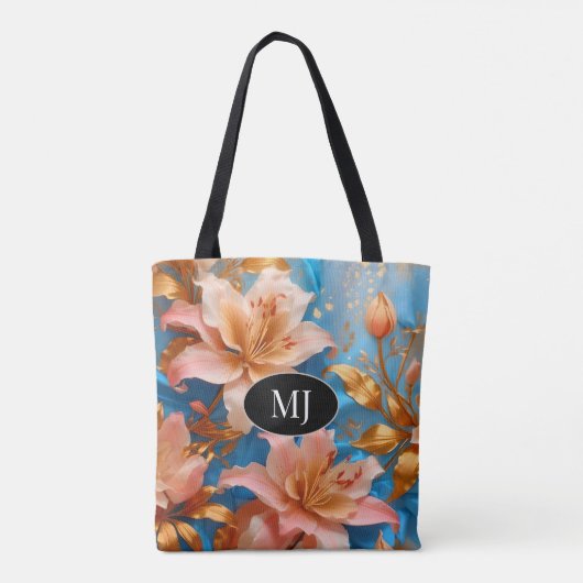 Monogram Gouden Roze Lelie Op Hemelsblauw Zijde Ca Tote Bag (Achterkant)