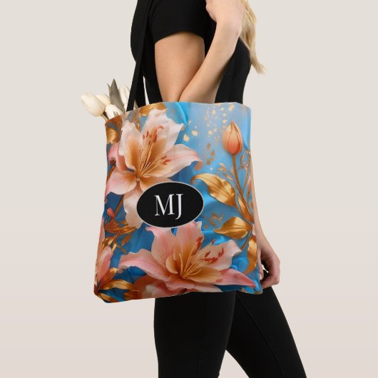 Monogram Gouden Roze Lelie Op Hemelsblauw Zijde Ca Tote Bag (Dichtbij)