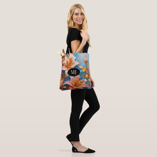 Monogram Gouden Roze Lelie Op Hemelsblauw Zijde Ca Tote Bag (Op model)