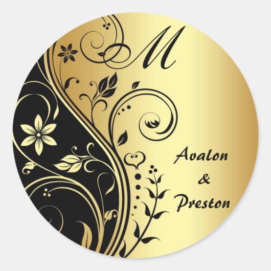 Monogram Gouden Scrollwork Bloem Bruiloft Sticker (Voorkant)