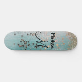 Monogram Gouden Sterren Glitter op Blauwgroen Persoonlijk Skateboard (Horizontaal)