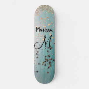 Monogram Gouden Sterren Glitter op Blauwgroen Persoonlijk Skateboard