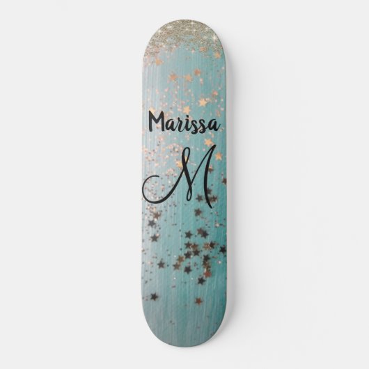 Monogram Gouden Sterren Glitter op Blauwgroen Persoonlijk Skateboard (Voorkant)