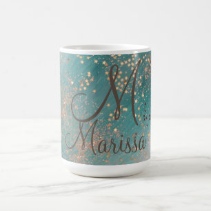 Monogram Gouden Sterren op Blauwgroen Glitter Koffiemok