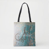 Monogram Gouden Sterren op Blauwgroen Glitter Tote Bag (Voorkant)