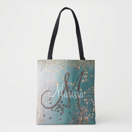 Monogram Gouden Sterren op Blauwgroen Glitter Tote Bag (Voorkant)