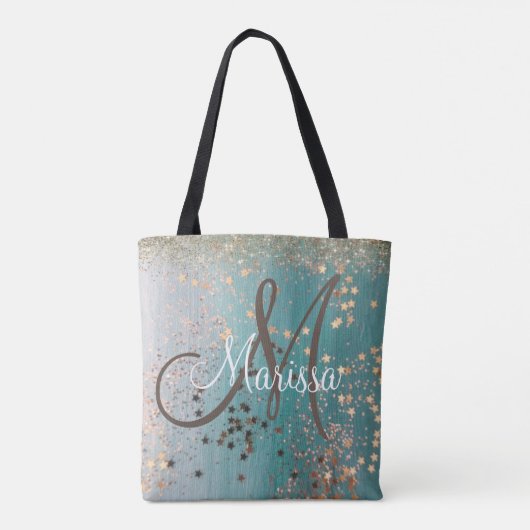 Monogram Gouden Sterren op Blauwgroen Glitter Tote Bag (Achterkant)