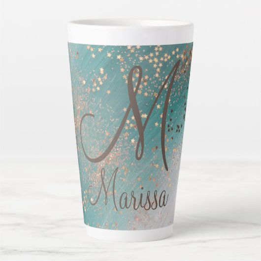 Monogram gouden sterren op Blauwgroen Latte Mok (Voorkant)