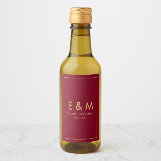 Monogram Gouden Tekst Bewaar de Datum Bordeaux Roo Wijn Etiket (Voorkant)