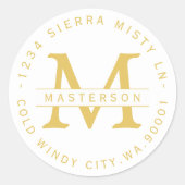 Monogram Gouden Tekst Circulair Terugkeeradresetik Ronde Sticker (Voorkant)