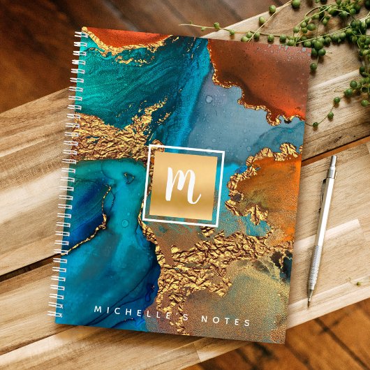 Monogram gouden turquoise sinaasappel marmeren wat notitieboek