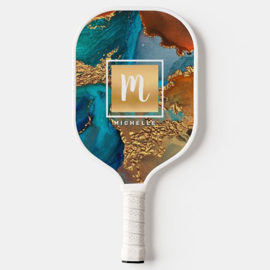 Monogram Gouden Turquoise Sinaasappel Marmeren Wat Pickleball Paddle (Achterkant)
