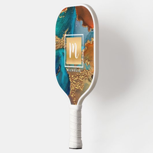 Monogram Gouden Turquoise Sinaasappel Marmeren Wat Pickleball Paddle (Links)