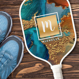 Monogram Gouden Turquoise Sinaasappel Marmeren Wat Pickleball Paddle