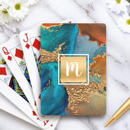 Monogram gouden turquoise sinaasappel marmeren wat pokerkaarten