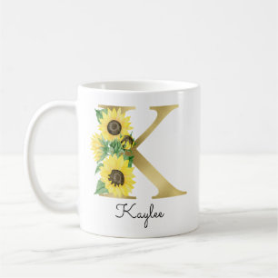 Monogram Gouden Zonnebloem Meisjesachtig Bloemmoti Koffiemok