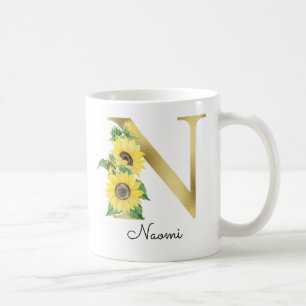Monogram Gouden Zonnebloem Meisjesachtig Bloemmoti Koffiemok