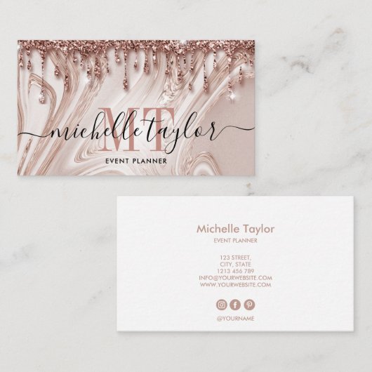 Monogram goudmarmer met minimalistisch roos visitekaartje (Voorkant / Achterkant)